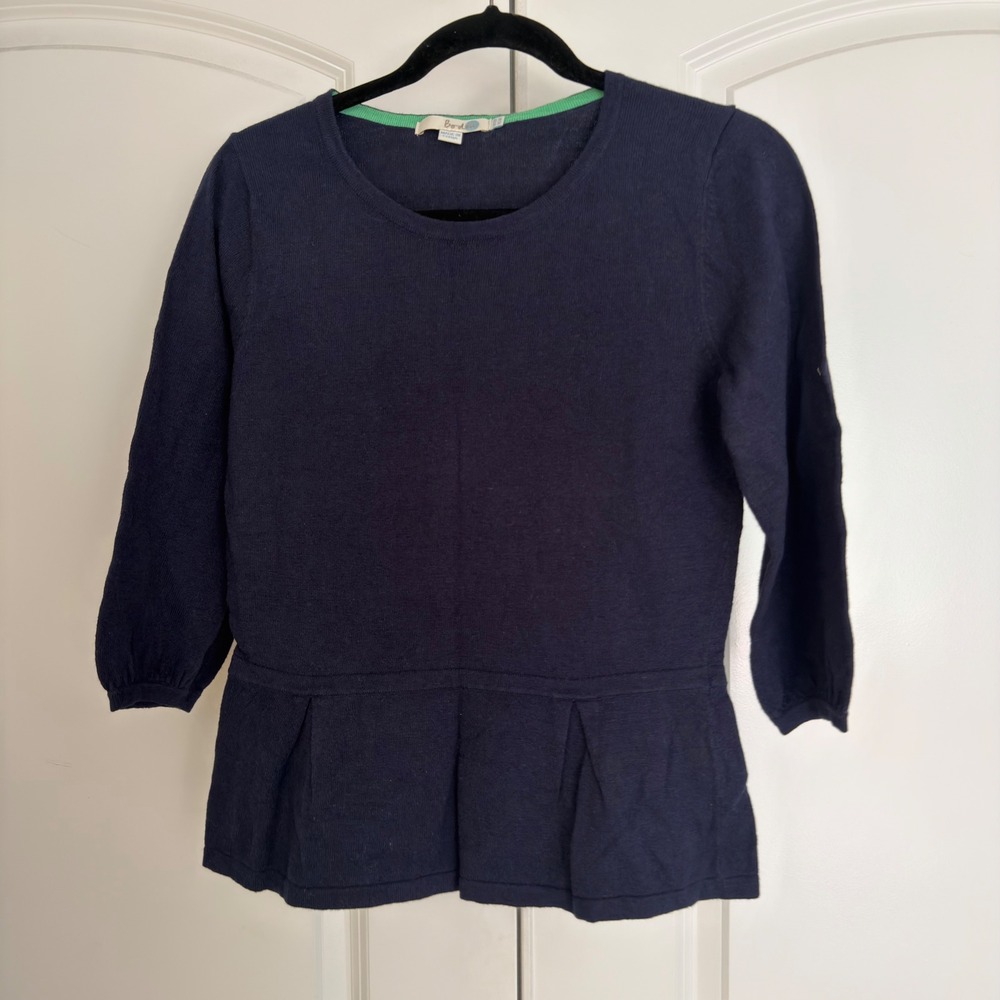 Boden Navy Blue Peplum Knit Sweater Top Cotton Cashmere 3/4 Sleeve US 6P WK833